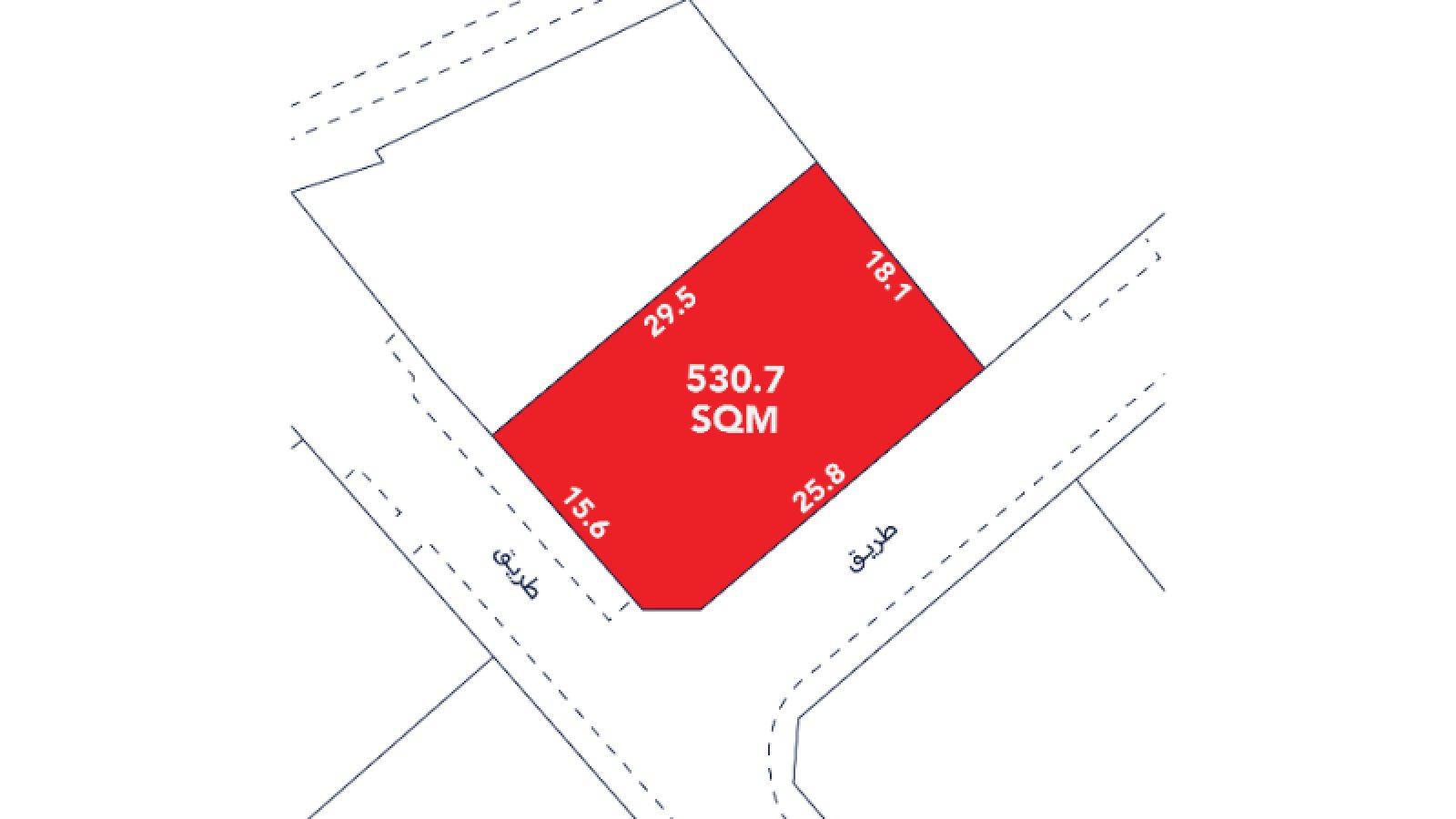 A red plot labeled "530.7 SQM" is outlined on a map, with side lengths marked as 18.1, 25.8, 15.6, and 29.5 meters, bordered by roads.