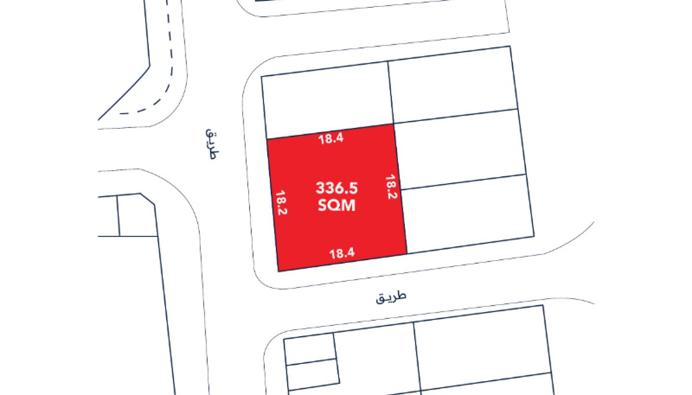 A map outlines a rectangular plot marked in red, labeled "336.5 SQM," with dimensions 18.4m by 18.2m, bordered by roads on two sides.