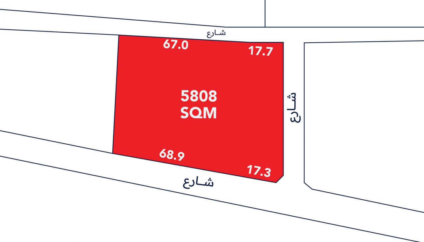 A red rectangular plot labeled "5808 SQM" is shown on a map with adjacent streets and side measurements: 67.0m, 17.7m, 68.9m, and 17.3m. Arabic text labels the streets.