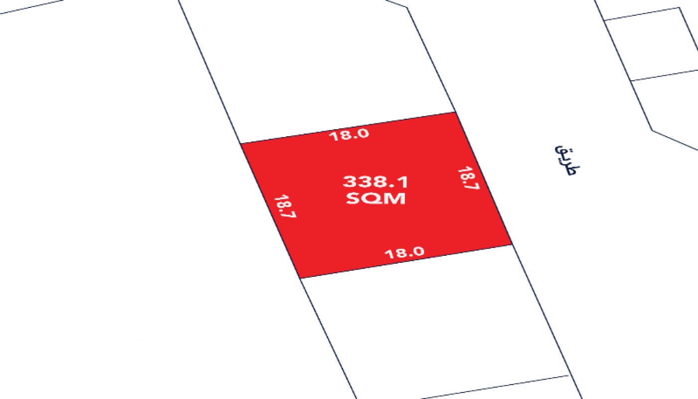 A rectangular plot of land marked in red, labeled "338.1 SQM," with side lengths of 18.0 and 18.17 meters, adjacent to a road labeled in Arabic.