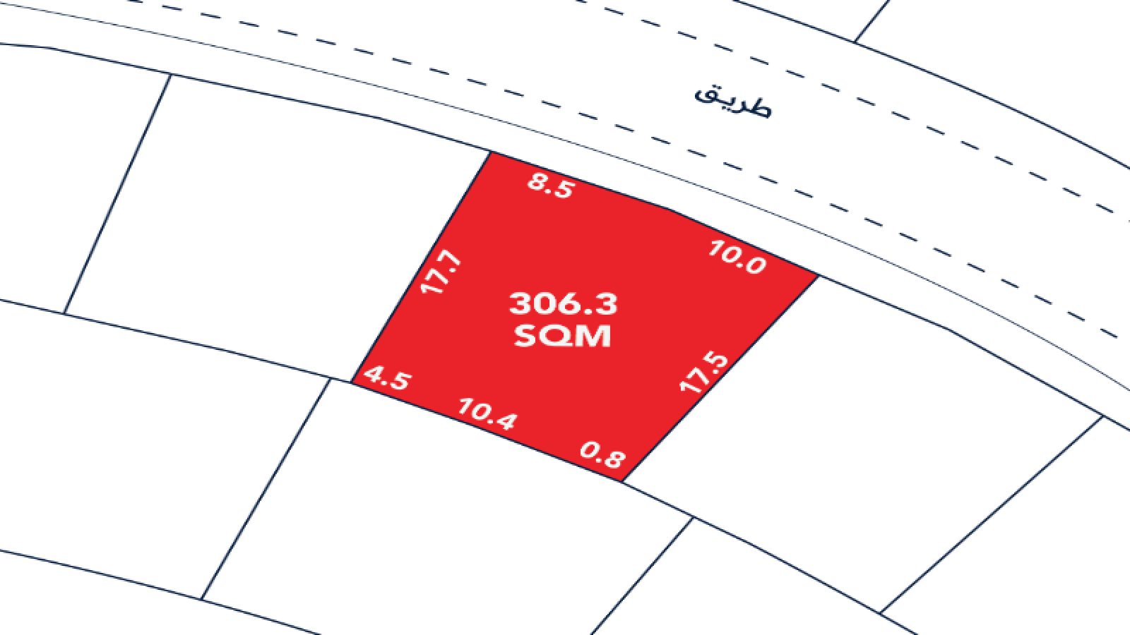 A red-highlighted plot labeled "306.3 SQM" with boundary lengths in meters, located adjacent to a road labeled "طريق" on a site map.