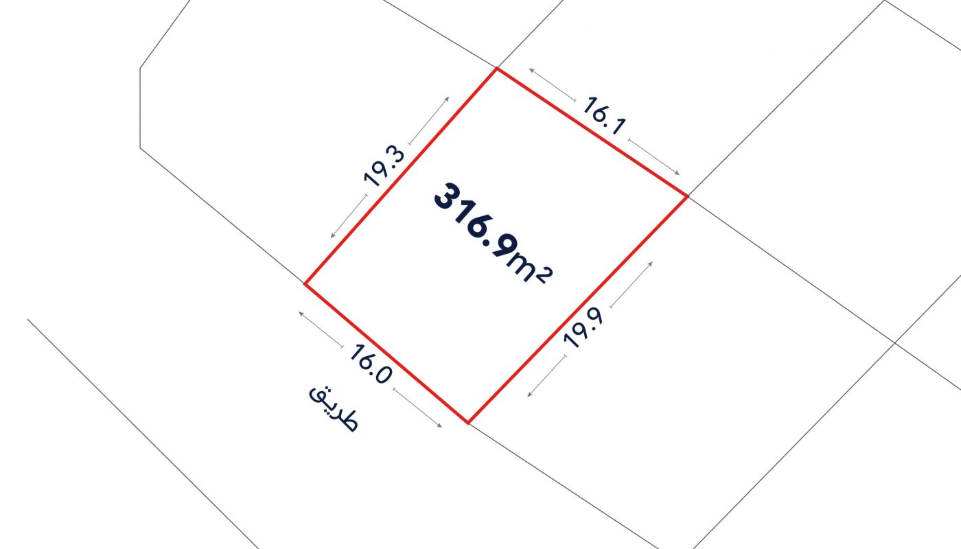 A rectangular plot outlined in red with dimensions 19.3m, 16.1m, 19.9m, and 16.0m, labeled 316.9m²; adjacent to a road labeled “طريق” in Arabic.