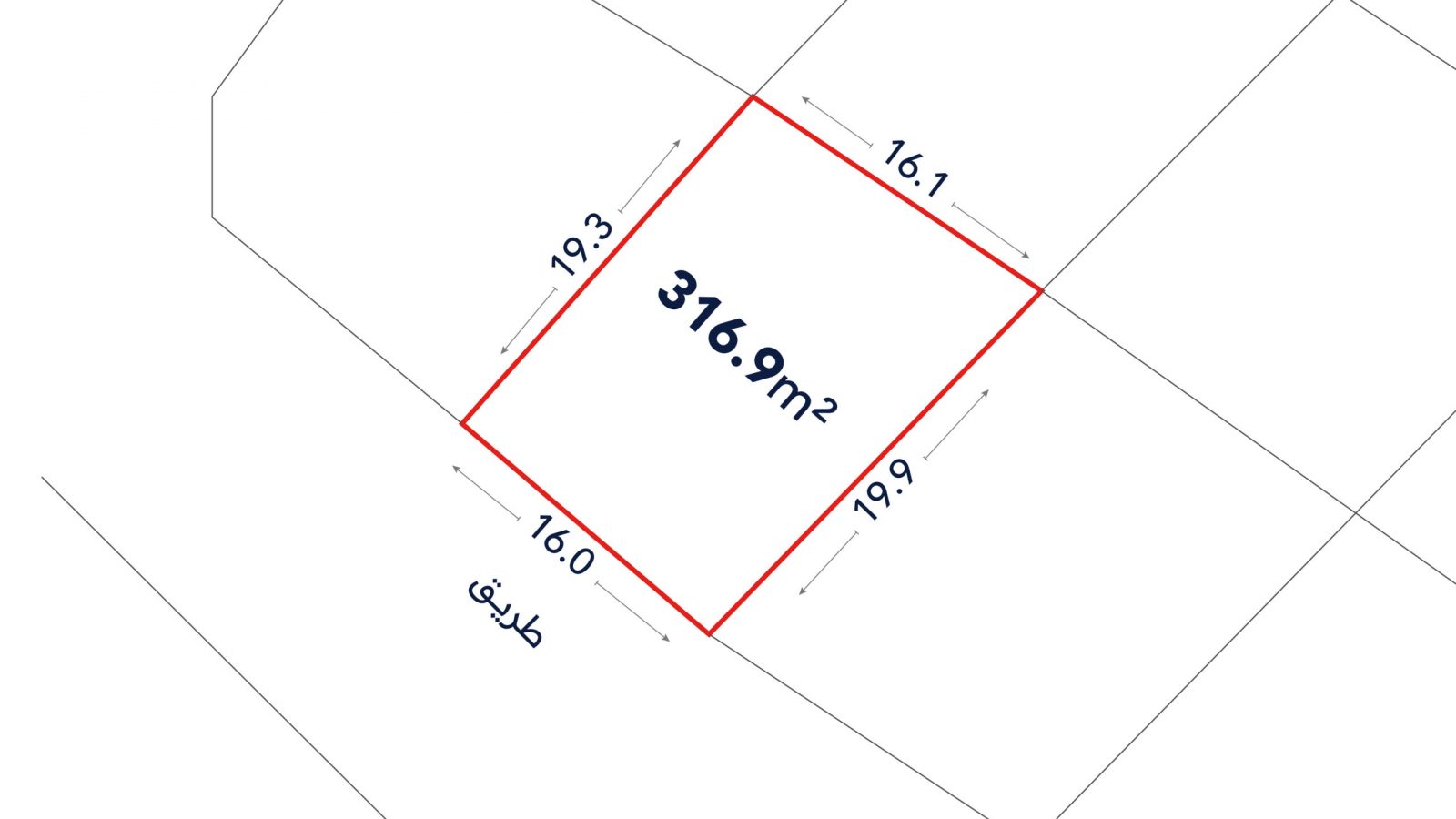 A rectangular plot outlined in red with dimensions 19.3m, 16.1m, 19.9m, and 16.0m, labeled 316.9m²; adjacent to a road labeled “طريق” in Arabic.