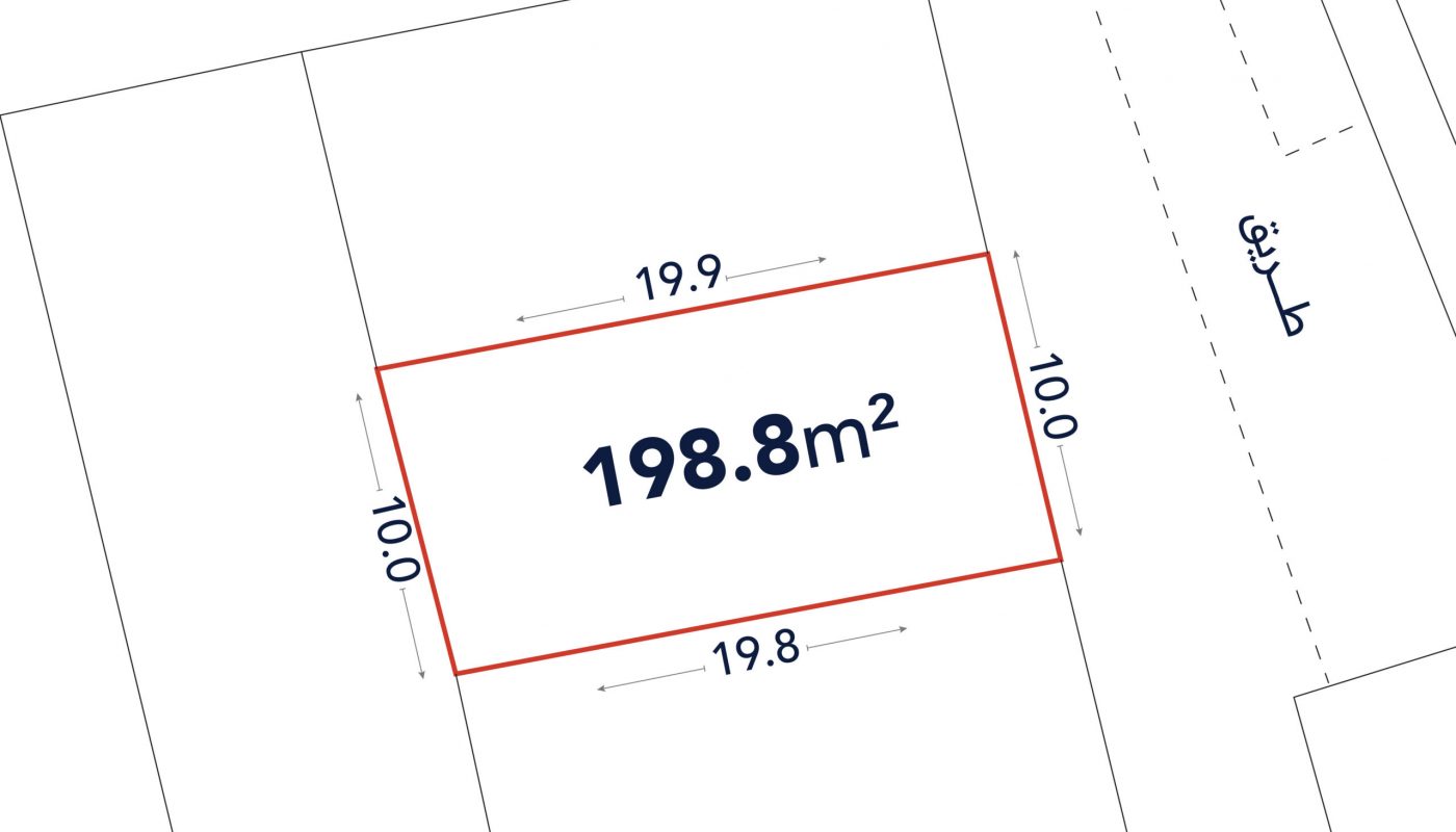 A rectangular plot outlined in red, labeled 198.8 m², with sides measuring 19.9 m and 10.0 m. Adjacent streets and neighboring plots are shown.