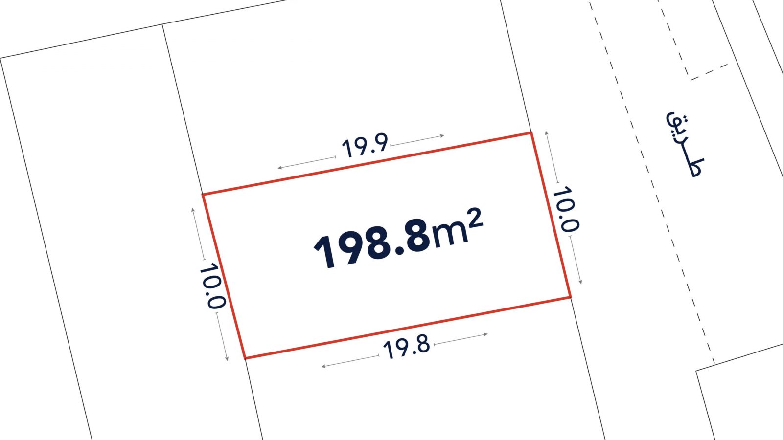 A rectangular plot outlined in red, labeled 198.8 m², with sides measuring 19.9 m and 10.0 m. Adjacent streets and neighboring plots are shown.
