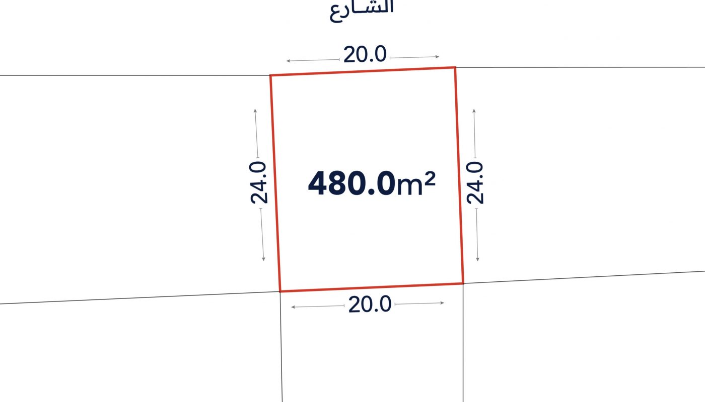 A rectangular plot outlined in red, labeled 480.0 m², with sides measuring 20.0 meters and 24.0 meters; Arabic text for “street” appears above the plot.