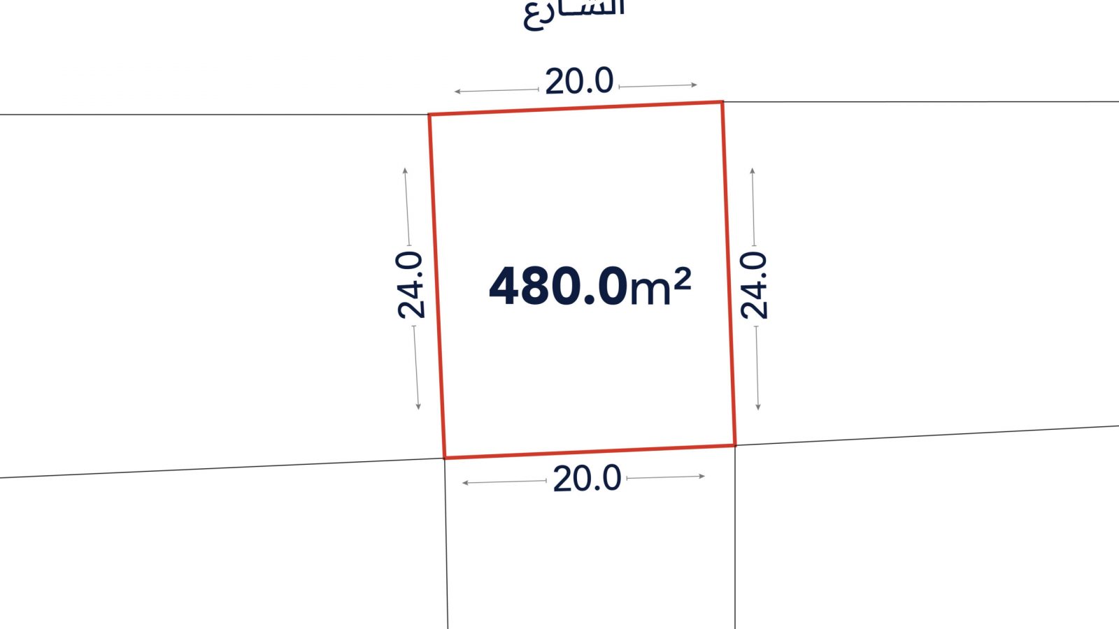A rectangular plot outlined in red, labeled 480.0 m², with sides measuring 20.0 meters and 24.0 meters; Arabic text for “street” appears above the plot.
