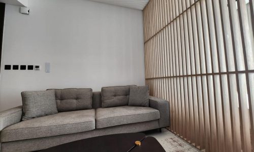 A living room in the Spiral Orchid Residence with wooden slats and a couch.