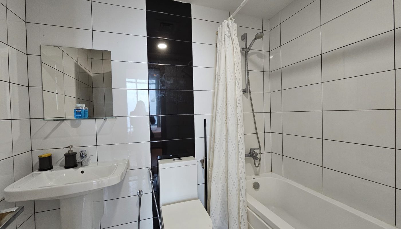 A black and white bathroom with a toilet and sink available for rent in a flat.