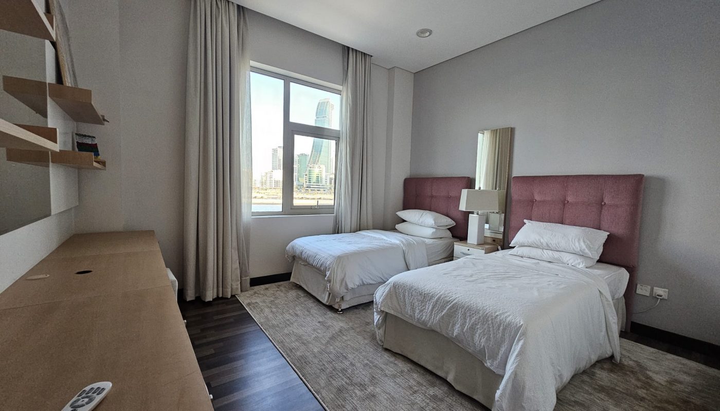 Modern bedroom with two beds, large window with city view, minimalist decor, and Auto Draft system.