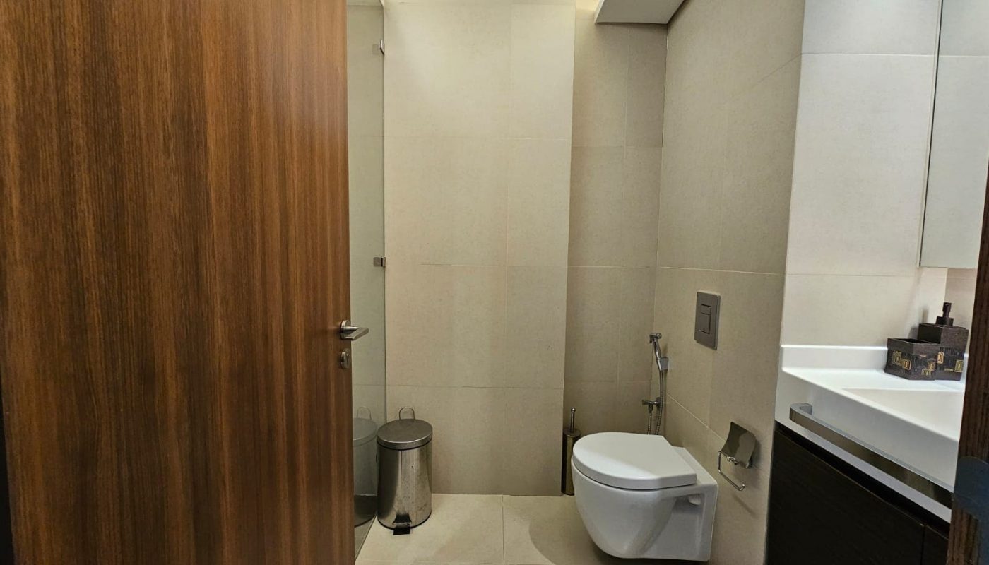 Modern bathroom interior with wooden door, toilet, waste bin, and sink area.