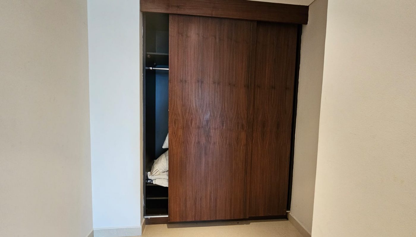 A partially open sliding wooden door reveals a glimpse into a cluttered closet.