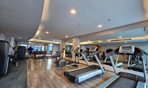 Modern gym interior with various cardio machines, exercise equipment, and Auto Draft system.