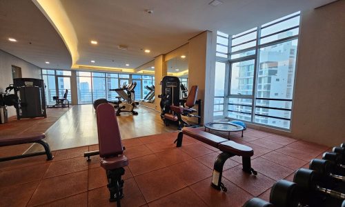 Modern gym interior with exercise equipment, large windows, and an Auto Draft system.