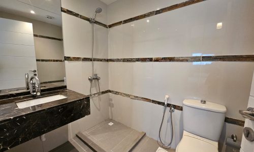 Modern bathroom with a walk-in shower, toilet, and sink with marble countertop.