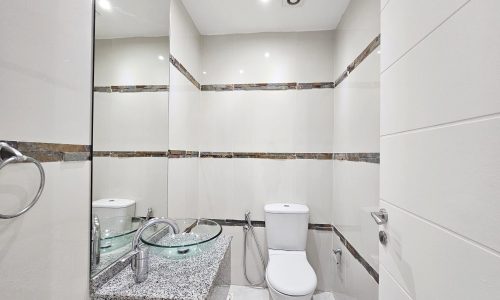 Modern Concept bathroom interior with a glass sink, toilet, and tiled walls.