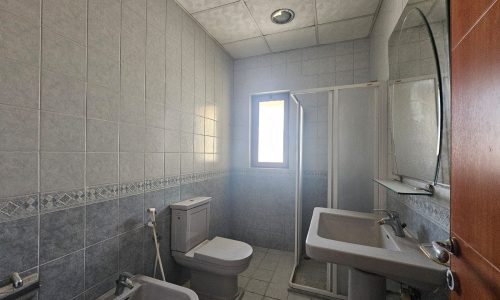 Interior of a small bathroom in Seqya featuring a toilet, bidet, sink, and a shower area, with light entering through a window.