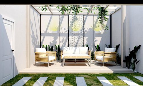 Modern outdoor patio with a white sofa flanked by two chairs, lush potted plants, and a pergola with hanging greenery, bathed in sunlight.