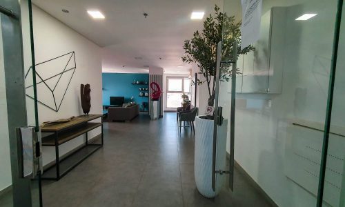 A modern waiting room in a Juffair apartment rental with a glass door entrance, potted plant, wall art, and seating area including a couch and chairs. The room has neutral tones with a hint of teal on the back wall.