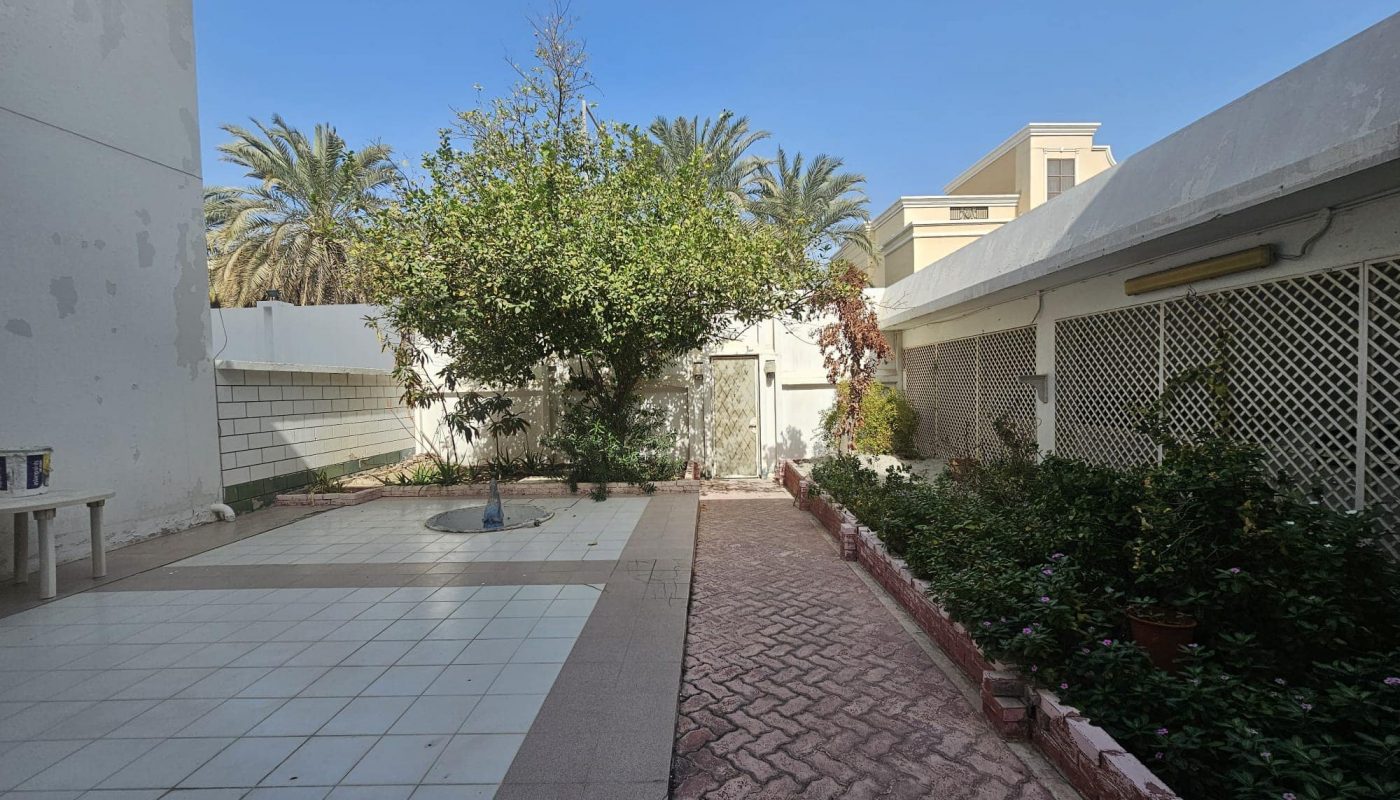 A paved courtyard with a tiled area on the left, surrounded by greenery and palm trees in the background. A small building can be seen to the right.