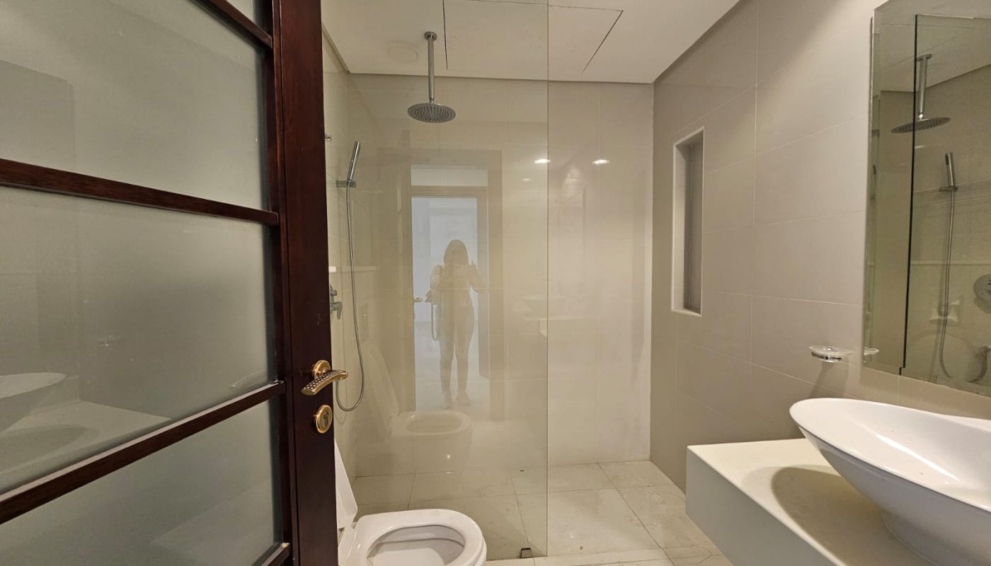 Modern bathroom with a glass-enclosed shower, toilet, vessel sink, and large mirror; a person is reflected in the shower glass.