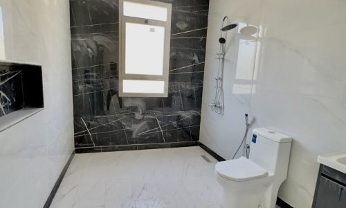 Keywords used: Elegant

Description: An elegant bathroom with black and white tile and a toilet.