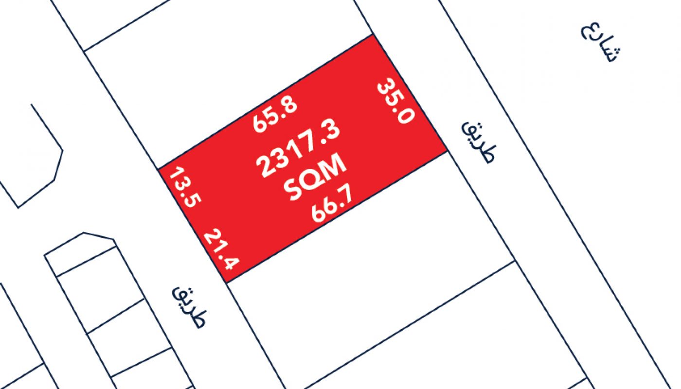 A plot map showing a highlighted red rectangular area labeled "2317.3 SQM" with side lengths in meters: 65.8, 35.0, 66.7, 21.4, and 13.5. Streets border the plot.