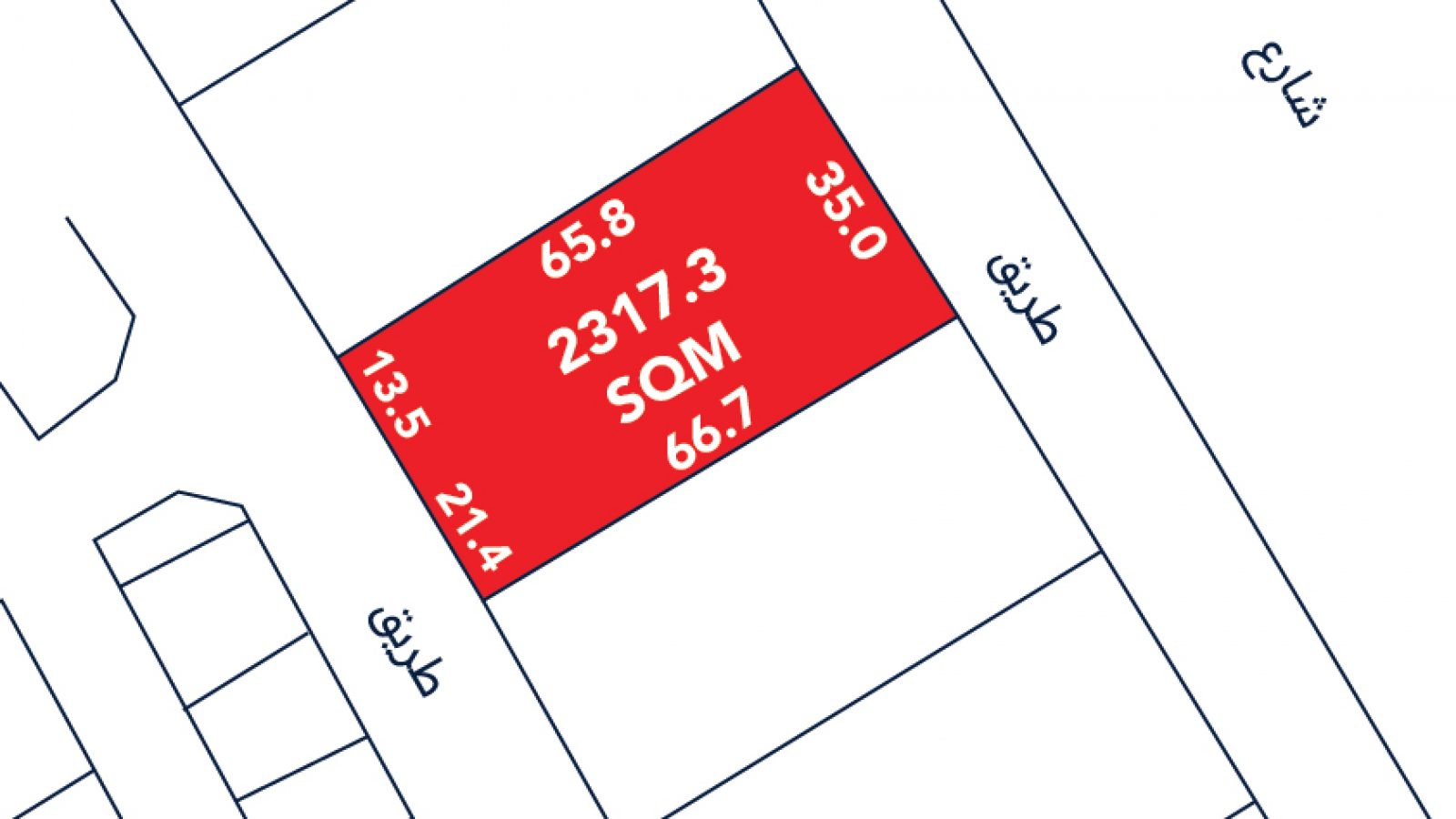 A plot map showing a highlighted red rectangular area labeled "2317.3 SQM" with side lengths in meters: 65.8, 35.0, 66.7, 21.4, and 13.5. Streets border the plot.