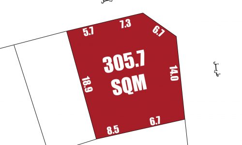 A red, irregularly shaped land plot labeled "305.7 SQM" with side lengths of 5.7, 7.3, 6.7, 14.0, 6.7, 8.5, and 18.9 meters in Hamala is for sale on a corner plot bordered by two roads and surrounded by neighboring plots with text in another language