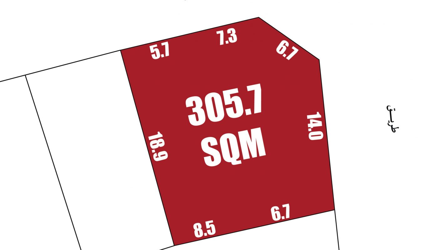 A red, irregularly shaped land plot labeled "305.7 SQM" with side lengths of 5.7, 7.3, 6.7, 14.0, 6.7, 8.5, and 18.9 meters in Hamala is for sale on a corner plot bordered by two roads and surrounded by neighboring plots with text in another language