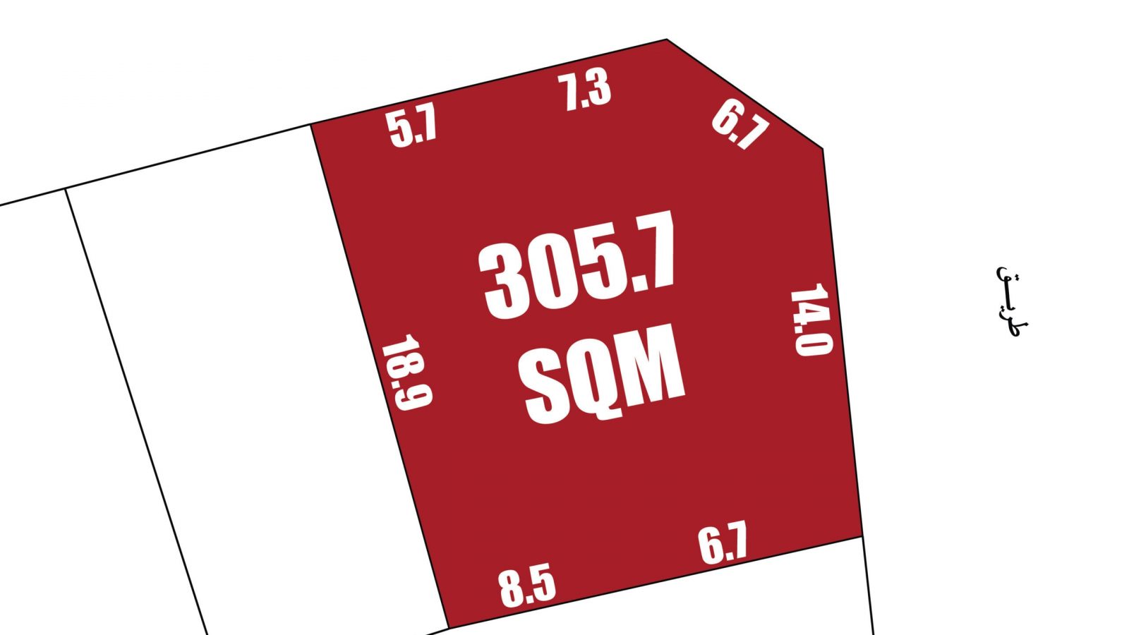 A red, irregularly shaped land plot labeled "305.7 SQM" with side lengths of 5.7, 7.3, 6.7, 14.0, 6.7, 8.5, and 18.9 meters in Hamala is for sale on a corner plot bordered by two roads and surrounded by neighboring plots with text in another language