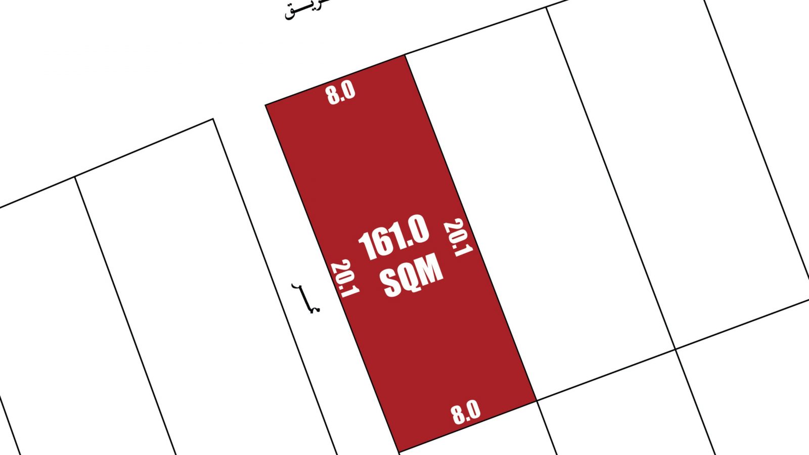 A rectangular plot marked in red with dimensions labeled 8.0m x 20.1m, totaling 161.0 SQM, among other plots on a grid.