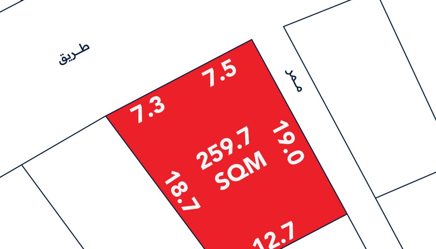 Map section showing a red-highlighted plot with dimensions: 7.3m, 7.5m, 19.0m, 12.7m, 18.1m and labeled 259.7 SQM. Streets labeled in Arabic are adjacent.