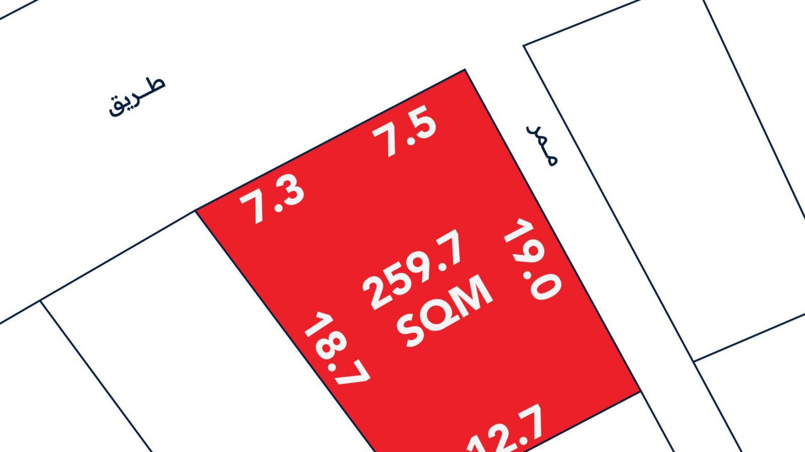 Map section showing a red-highlighted plot with dimensions: 7.3m, 7.5m, 19.0m, 12.7m, 18.1m and labeled 259.7 SQM. Streets labeled in Arabic are adjacent.