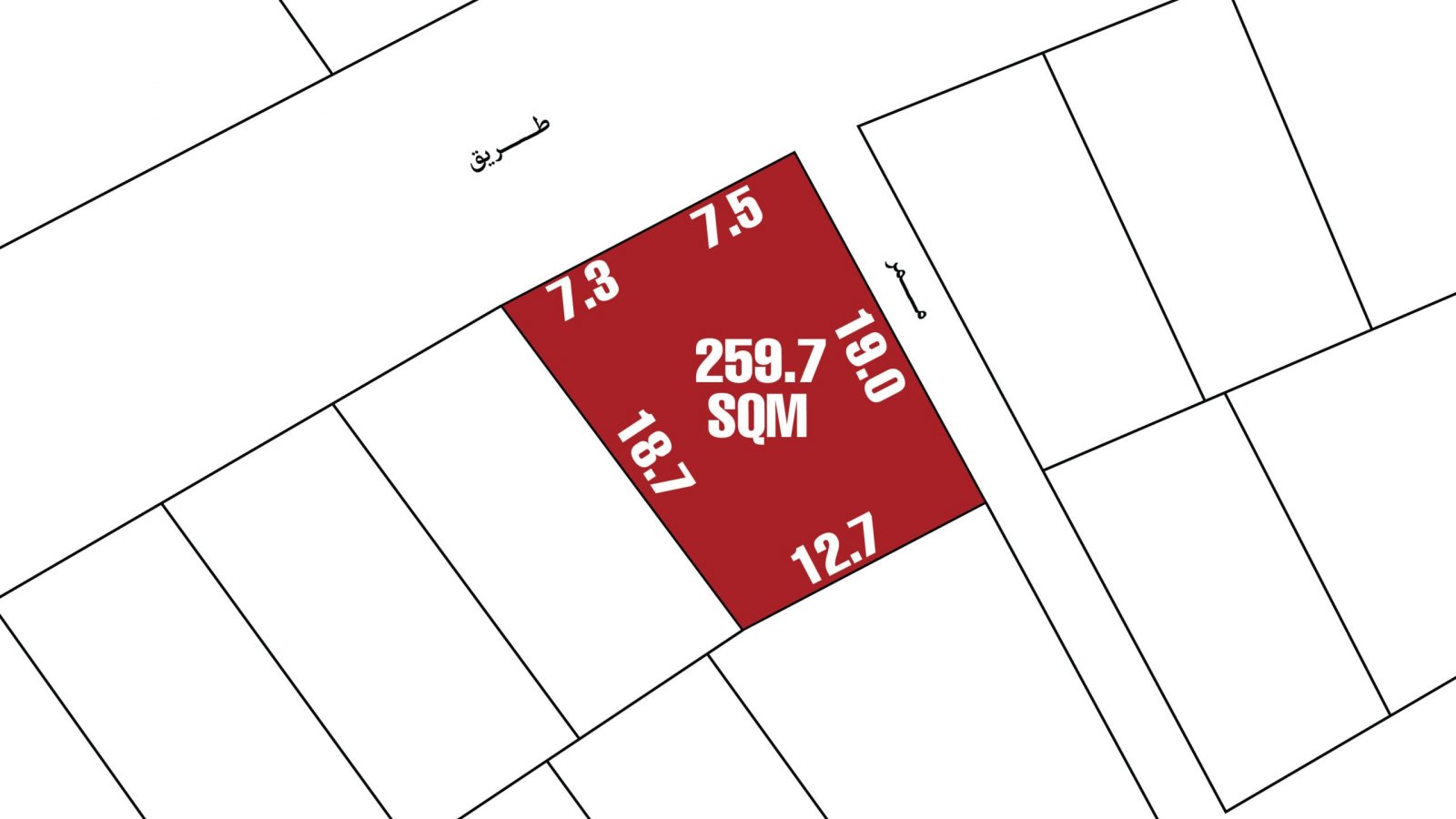 Plot layout with dimensions: 259.7 SQM area, sides labeled 7.3, 7.5, 19.0, 12.7, 18.7. .