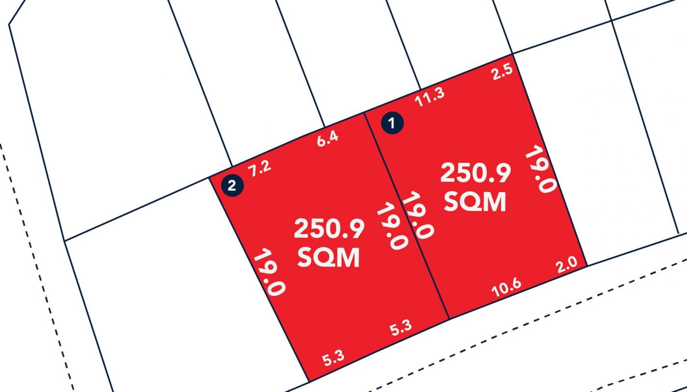 Map highlighting two adjacent land plots labeled 250.9 SQM each, surrounded by roads and other plots.