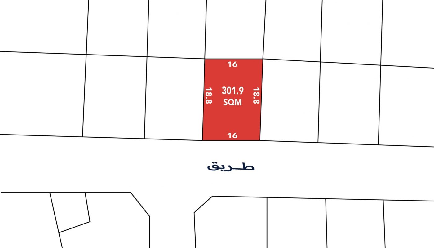 A rectangular plot labeled 301.9 SQM is highlighted in red, measuring 16 by 18.8 units, and bordered by a street labeled "طريق" in Arabic.