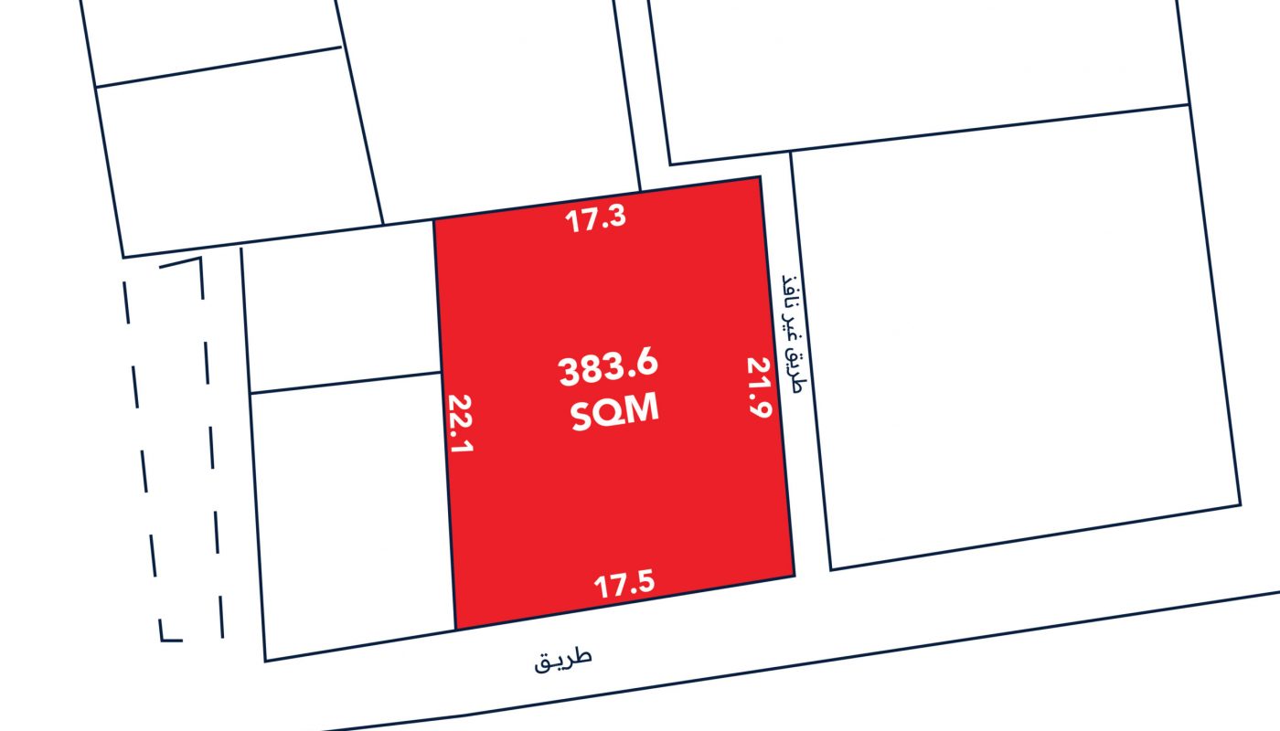 A rectangular red plot labeled "383.6 SQM" with side lengths 17.3, 22.1, 17.5, and 21.9 meters, bordered by white plots and streets with Arabic text.