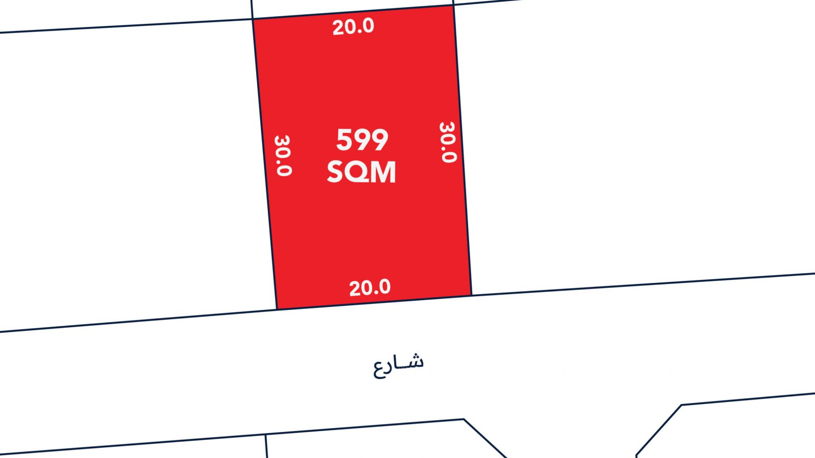 A rectangular red plot labeled "599 SQM" with dimensions 20.0 by 30.0 meters, bordered by streets on two sides in a site map.