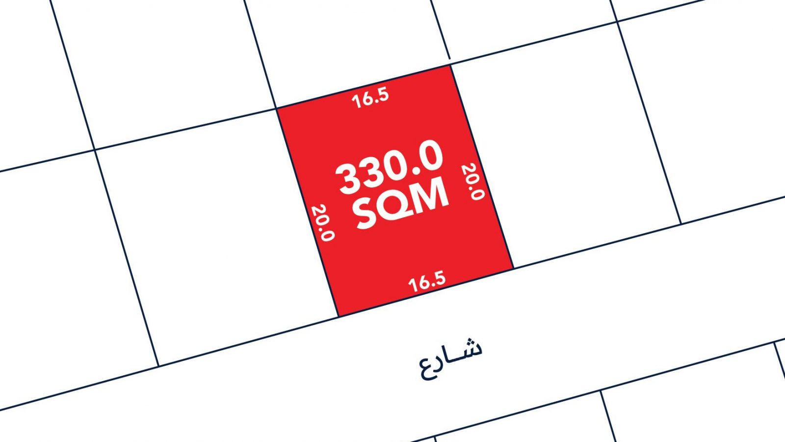 A map diagram shows a rectangular plot labeled "330.0 SQM" in red, with dimensions 16.5m by 20.0m, located along a street.