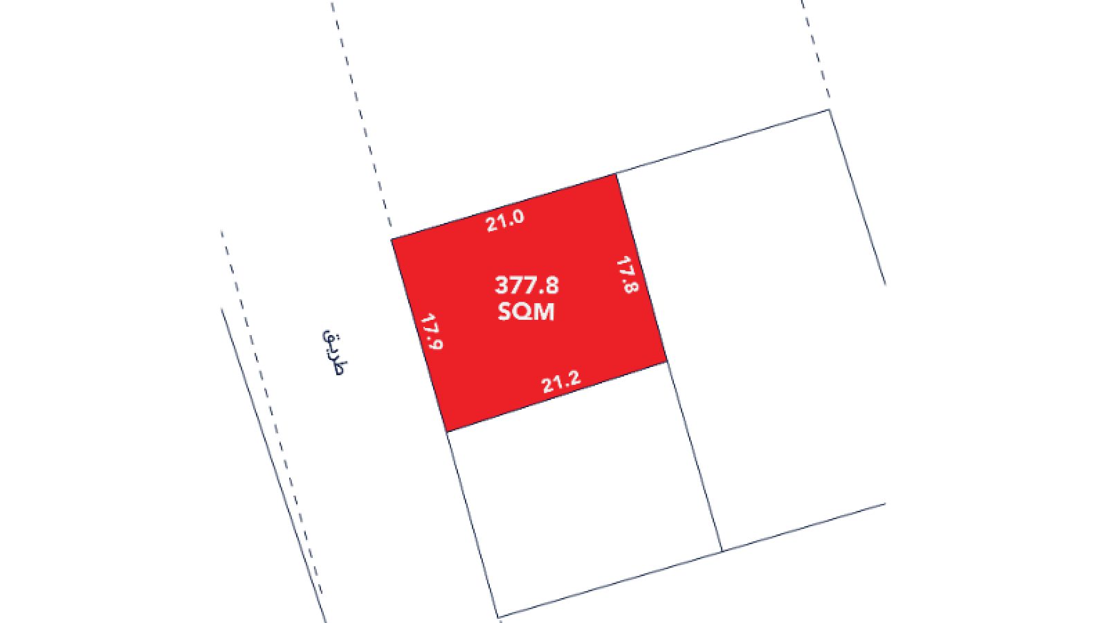 Diagram showing a red rectangular plot labeled "377.8 SQM" with side lengths 21.0m, 17.9m, 21.2m, and 17.8m, bordered by dashed property lines and a road.