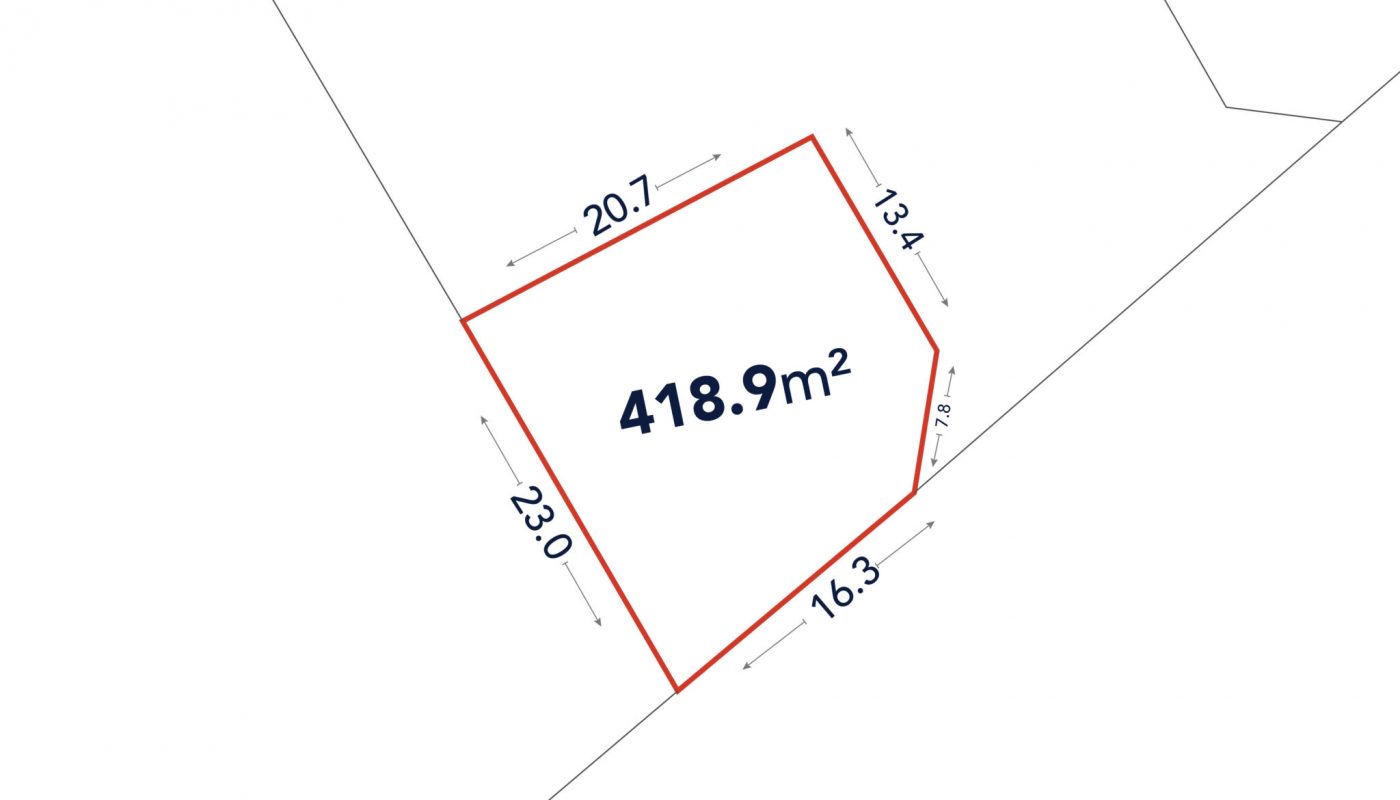 A plot of land outlined in red with dimensions labeled in meters and a total area of 418.9 m²; adjacent Arabic text indicates a nearby street and station.