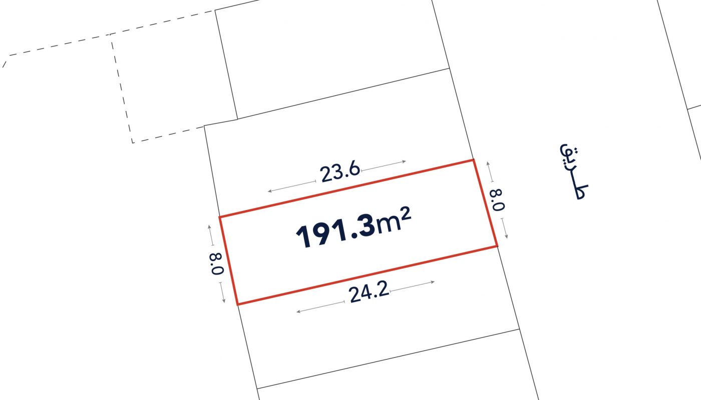 A rectangular plot labeled 191.3 m², with sides measuring 23.6 m, 24.2 m, and both widths 8.0 m, outlined in red on a site plan.