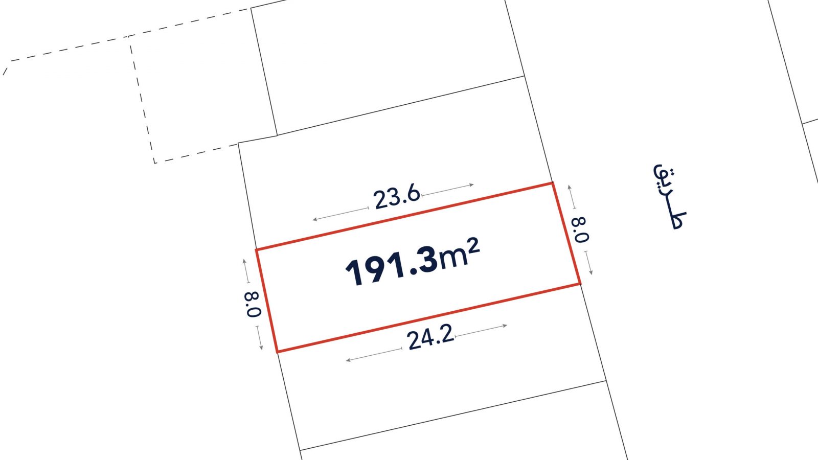 A rectangular plot labeled 191.3 m², with sides measuring 23.6 m, 24.2 m, and both widths 8.0 m, outlined in red on a site plan.