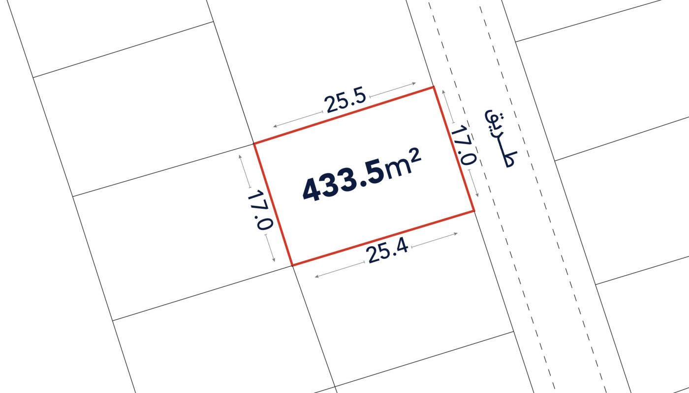 Rectangular lot outlined in red, labeled 433.5 square meters, with sides measuring 25.5m, 25.4m, and two sides of 17.0m, positioned next to a road.