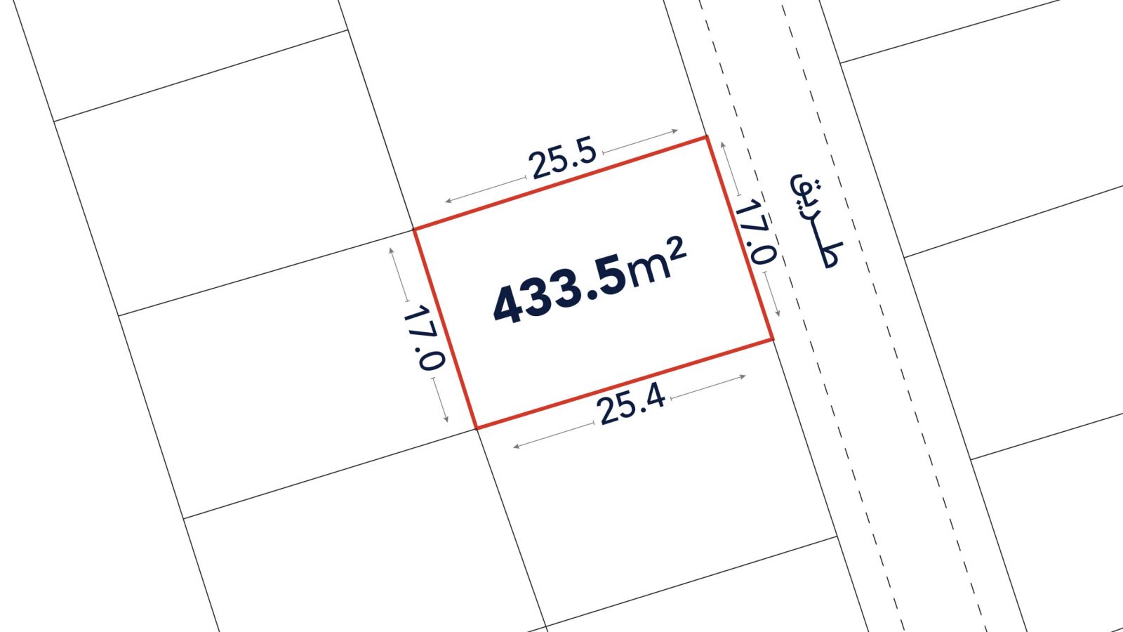 Rectangular lot outlined in red, labeled 433.5 square meters, with sides measuring 25.5m, 25.4m, and two sides of 17.0m, positioned next to a road.