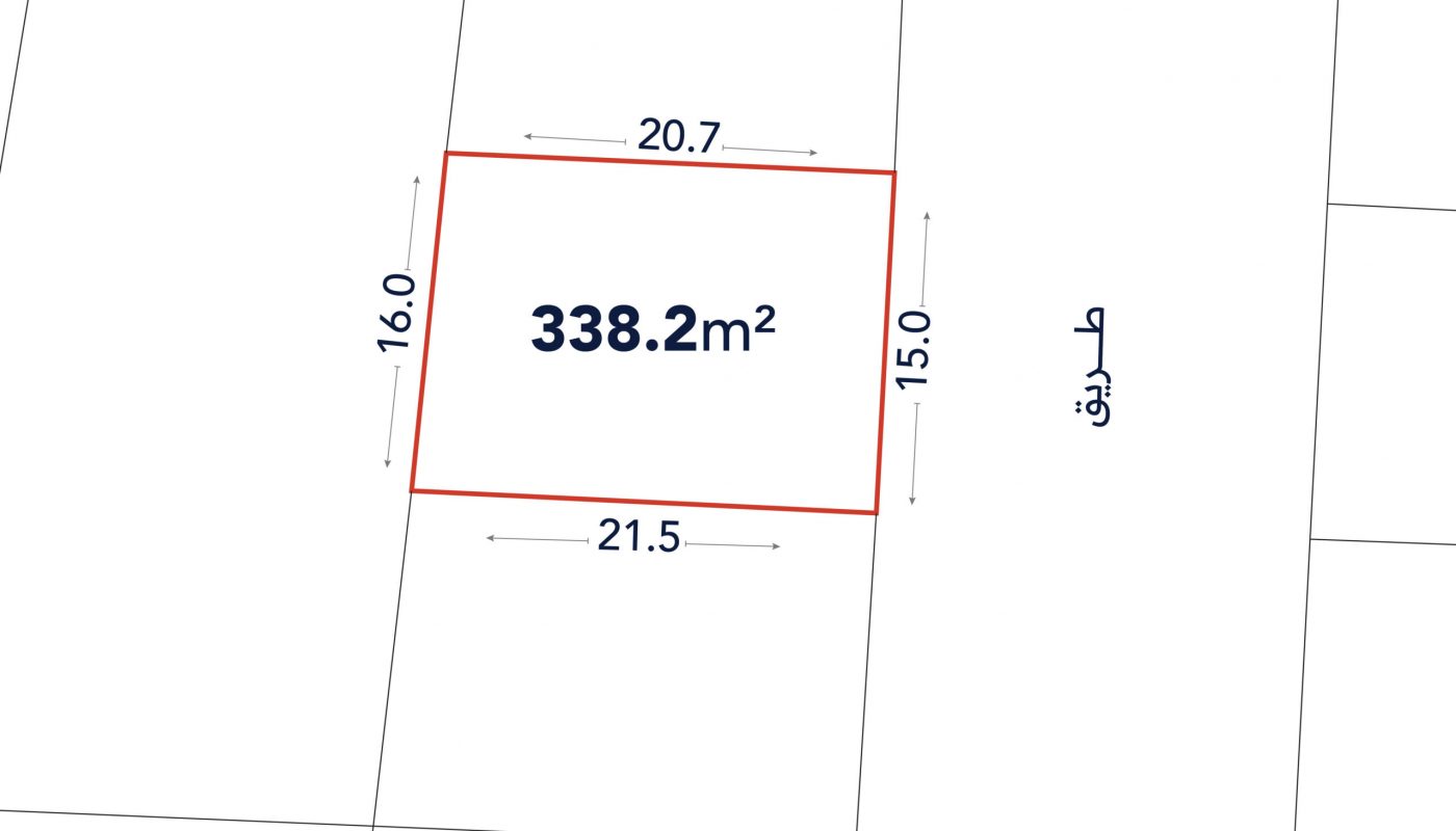 A plot diagram showing a rectangular land area of 338.2 square meters, with side lengths labeled 20.7m, 16.0m, 21.5m, and 15.0m. Arabic text appears on one side.