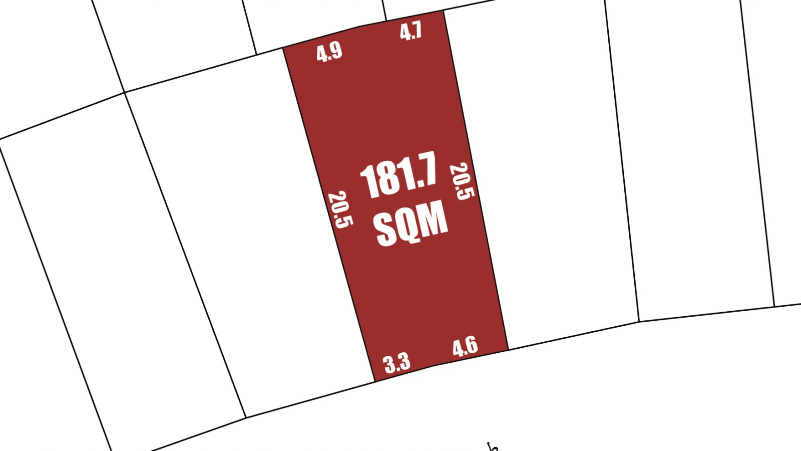 A red rectangular land plot labeled "181.7 SQM" with side lengths 20.5, 20.5, 4.9, 4.7, 3.3, and 4.6, surrounded by white plots; Arabic text at the bottom.