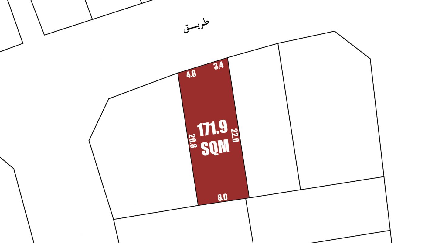A plot map highlighting a 171.9 square meter lot in red, with labeled boundary lengths and adjacent lots in white. Arabic text labels the street above the plot.