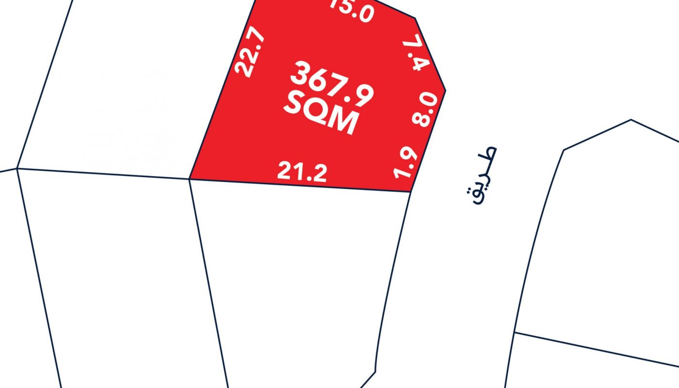Map section showing a red plot labeled "367.9 SQM" with adjacent sides measuring 15.0, 14.1, 8.0, 1.9, 21.2, and 22.7. The plot is bordered by roads labeled "طريق".